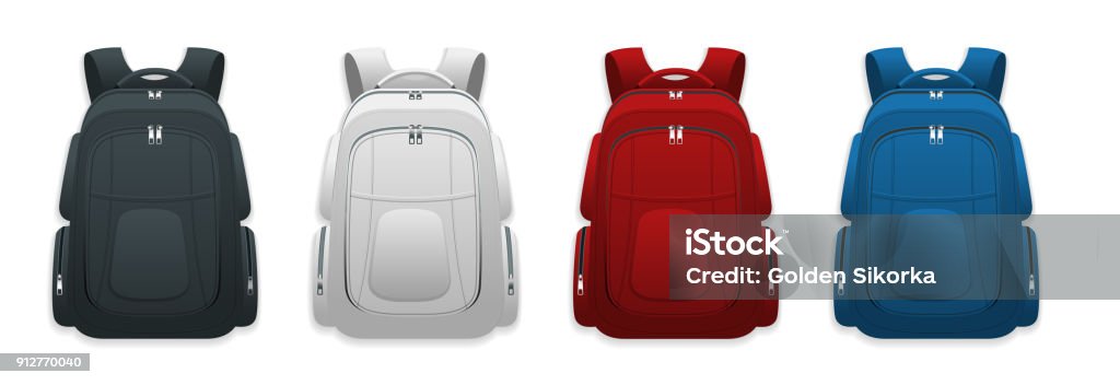 Vector Colorful School Backpacks. Backpacks for schoolchildren, students, travellers and tourists. Back to School rucksack flat vector illustrations isolated on white. Vector Colorful School Backpacks. Backpacks for schoolchildren, students, travellers and tourists. Back to School rucksack flat vector illustrations isolated on white Backpack stock vector