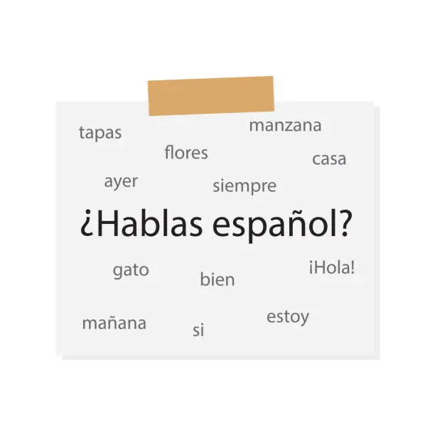 Vector illustration of Hablas Espanol (Do you speak spanish) with spanish words written on white paper