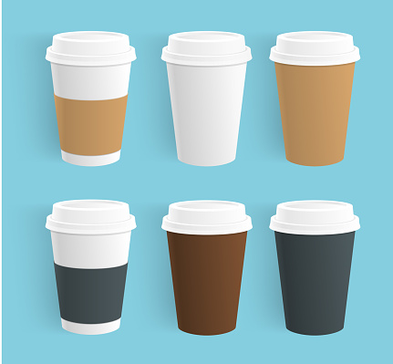 Vector set of disposable coffee cups. Realistic Paper coffee cups of different colors isolated.