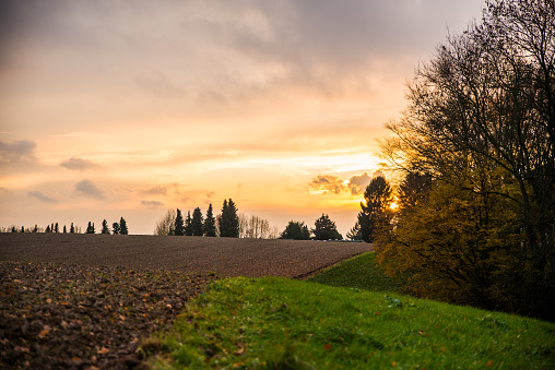 Sunset over fields of Germany one autumn, North Rhine-Westphalia region