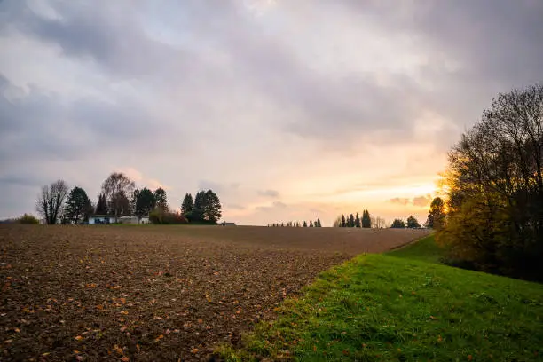 Sunset over fields of Germany one autumn, North Rhine-Westphalia region