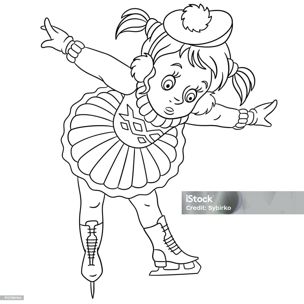 Cartoon girl skating coloring page Coloring page of girl learning how to skate. Cartoon kids leisure activities. Design for children's coloring book. Beauty stock vector