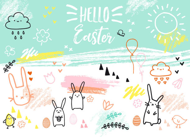 ilustraciones, imágenes clip art, dibujos animados e iconos de stock de dibujado a mano tarjeta de pascua con los conejitos, vector - easter egg paint black and white drawing