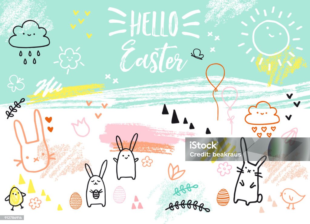Hand-drawn Easter card with bunnies, vector Easter card with bunnies, eggs, flowers, hand-drawn graphic design elements, vector illustration Easter stock vector