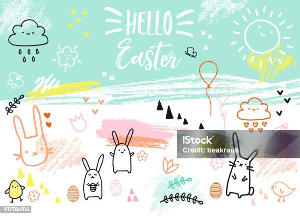 Handdrawn Easter Card With Bunnies Vector Stock Illustration - Download Image Now - Easter, Springtime, Doodle