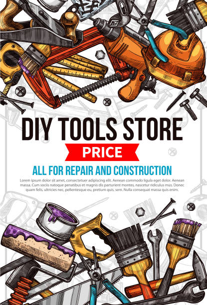 집 수리 작업 도구의 벡터 스케치 포스터 - hand tool work tool screw craftsperson stock illustrations