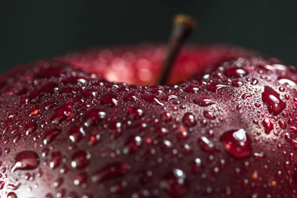 istock Fresh red apple with droplets of water against black background 912802856