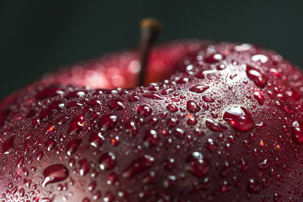 istock Fresh red apple with droplets of water against black background 912802914