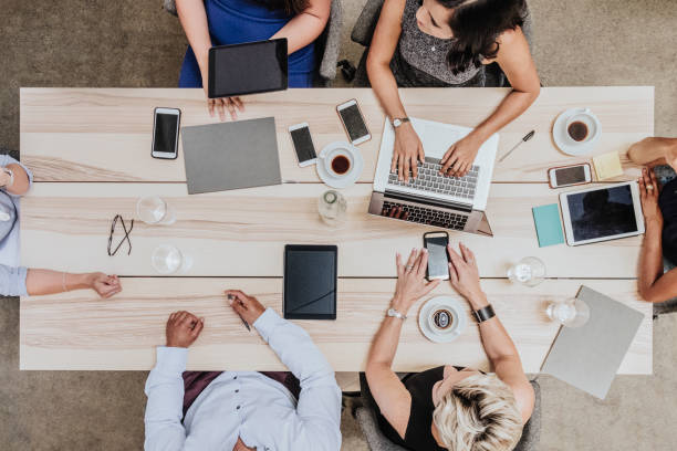Overhead view of business meeting