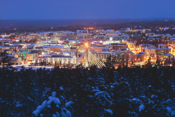 Night winter view of Rovaniemi city, Lapland, Finland Night winter view of Rovaniemi city, Lapland, Finland lappeenranta stock pictures, royalty-free photos & images