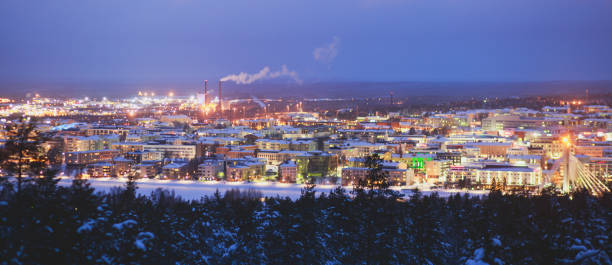 Night winter view of Rovaniemi city, Lapland, Finland Night winter view of Rovaniemi city, Lapland, Finland lappeenranta stock pictures, royalty-free photos & images