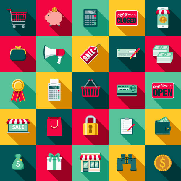 Flat Design E-Commerce Icon Set with Side Shadow A set of flat design styled shopping, retail and e-commerce icons with a long side shadow. Color swatches are global so it’s easy to edit and change the colors. shopping bag illustrations stock illustrations