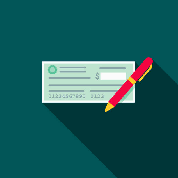 Cheque Flat Design E-Commerce Icon A flat design styled shopping & e-commerce icon with a long side shadow. Color swatches are global so it’s easy to edit and change the colors. cheque financial item stock illustrations