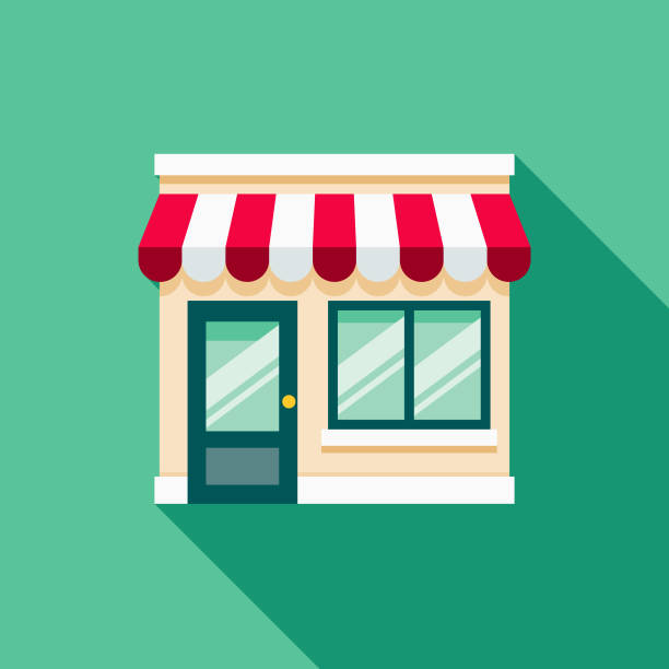 Storefront Flat Design E-Commerce Icon A flat design styled shopping & e-commerce icon with a long side shadow. Color swatches are global so it’s easy to edit and change the colors. shopping illustrations stock illustrations