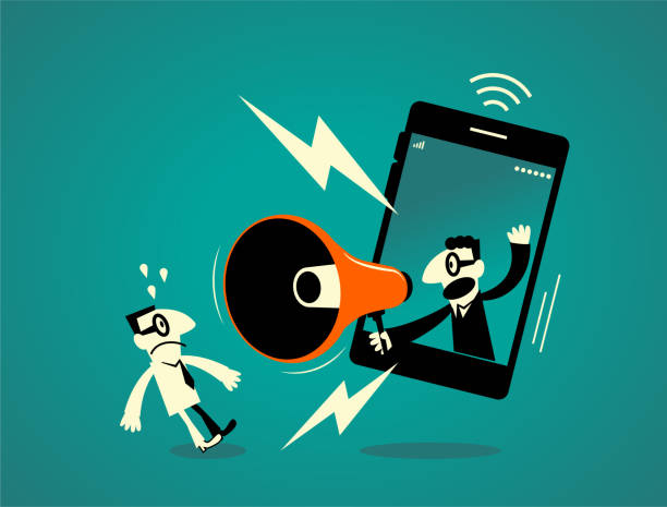 One businessman inside of a smart phone (mobile phone) with megaphone, another business man getting a shock Businessman Characters Vector art illustration.Copy Space, Full Length, White Background. fierce stock illustrations