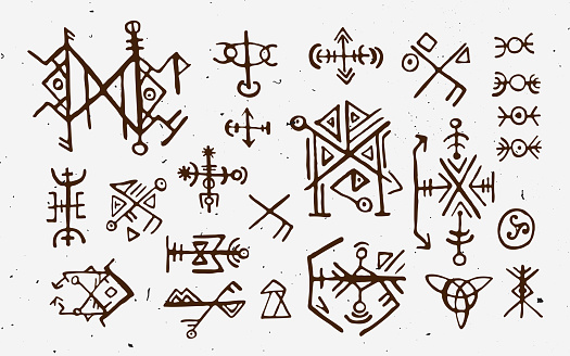 Futhark norse islandic and viking runes set. Magic hand draw symbols as scripted talismans. Vector set of ancient runes of Iceland. Galdrastafir, mystic signs of early North magic. Ethnic norse viking tattoo design with light texture