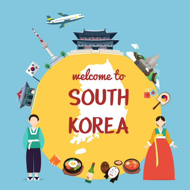 illustrazioni stock, clip art, cartoni animati e icone di tendenza di benvenuti in corea del sud con punti di riferimento e tradizione - asia travel traditional culture people