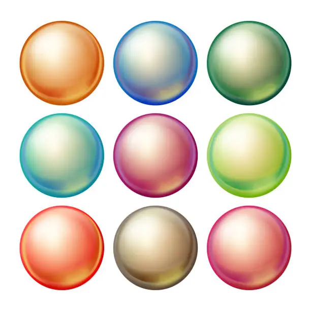 Vector illustration of Round Glass Sphere Vector. Set Opaque Multicolored Spheres With Glares, Shadows. Isolated Realistic Illustration