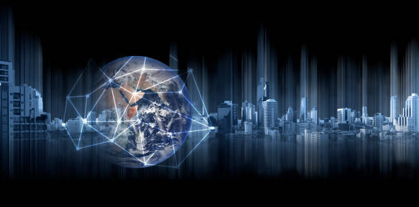 istock Global business and networking, Double exposure Globe with network connection lines and modern buildings, on black background. Element of this image are furnished by NASA 912829362