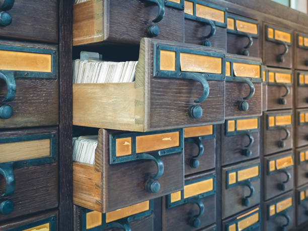 istock Wooden boxes with index cards in library 912829788