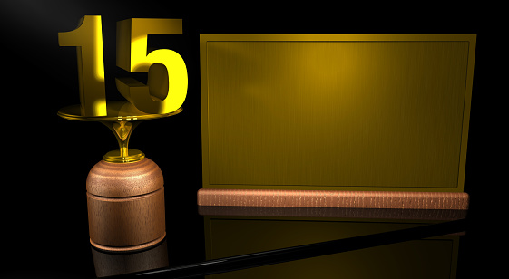 Rendering 3D Wooden trophy with number 85 in gold and golden plate with space to write on mirror table in black background. Commemorative Trophy number 85 for celebrating anniversaries or important dates