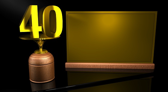 Rendering 3D Wooden trophy with number 75 in gold and golden plate with space to write on mirror table in black background. Commemorative Trophy number 75 for celebrating anniversaries or important dates
