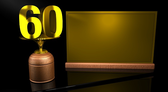 Rendering 3D Wooden trophy with number 60 in gold and golden plate with space to write on mirror table in black background. Commemorative Trophy number 60 for celebrating anniversaries or important dates