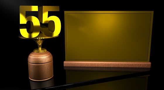 Rendering 3D Wooden trophy with number 55 in gold and golden plate with space to write on mirror table in black background. Commemorative Trophy number 55 for celebrating anniversaries or important dates