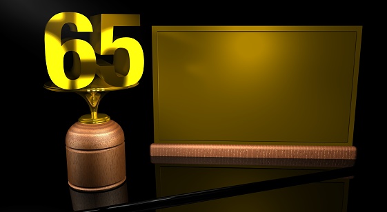 Rendering 3D Wooden trophy with number 65 in gold and golden plate with space to write on mirror table in black background. Commemorative Trophy number 65 for celebrating anniversaries or important dates