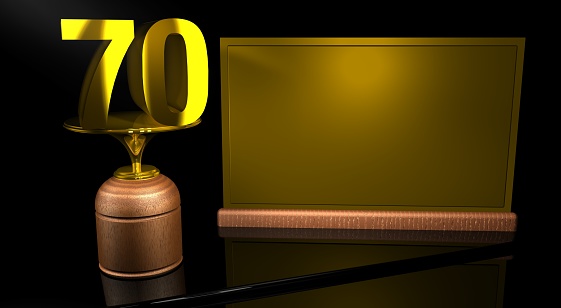 Rendering 3D Wooden trophy with number 70 in gold and golden plate with space to write on mirror table in black background. Commemorative Trophy number 70 for celebrating anniversaries or important dates