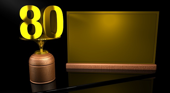 Rendering 3D Wooden trophy with number 45 in gold and golden plate with space to write on mirror table in black background. Commemorative Trophy number 45 for celebrating anniversaries or important dates