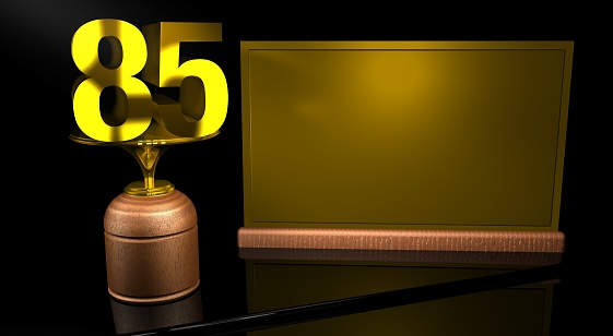 Rendering 3D Wooden trophy with number 40 in gold and golden plate with space to write on mirror table in black background. Commemorative Trophy number 40 for celebrating anniversaries or important dates