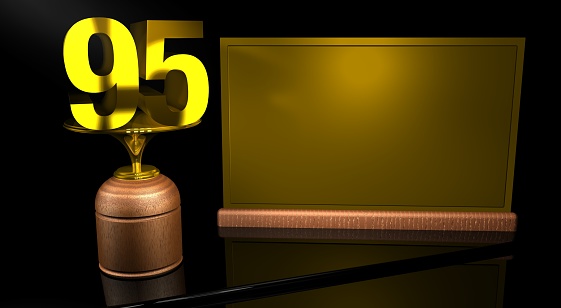 Rendering 3D Wooden trophy with number 95 in gold and golden plate with space to write on mirror table in black background. Commemorative Trophy number 95 for celebrating anniversaries or important dates