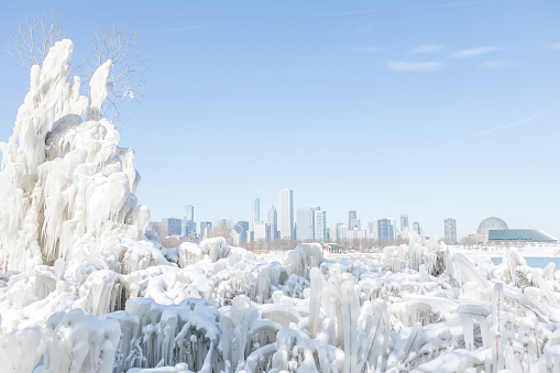 Frozen trees covered in ice by the lake Michigan in Chicago downtown