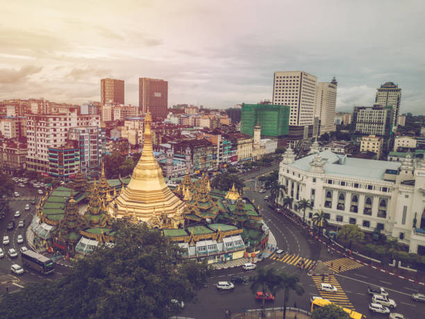 aerial point of view of sule pagoda in yangon city, myanmar - burmese culture imagens e fotografias de stock