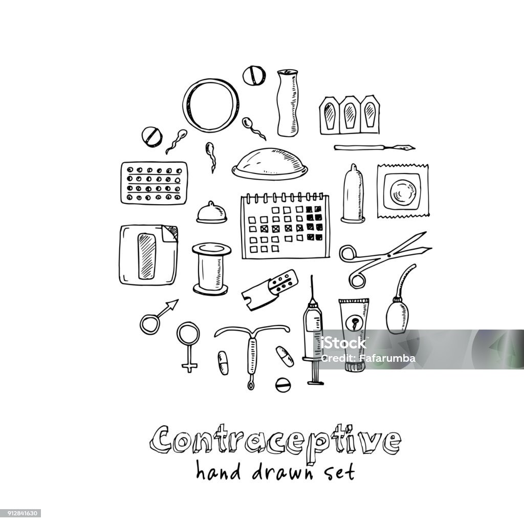 Hand drawn doodle contraceptive set Hand drawn doodle contraceptive set. Vector illustration. Isolated elements on white background. Symbol collection. Contraceptive stock vector