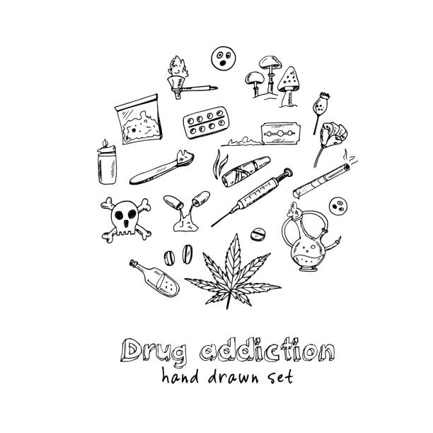 Hand drawn doodle drug addiction set Hand drawn doodle drug addiction set. Vector illustration. Isolated elements on white background. Symbol collection. cocaine stock illustrations