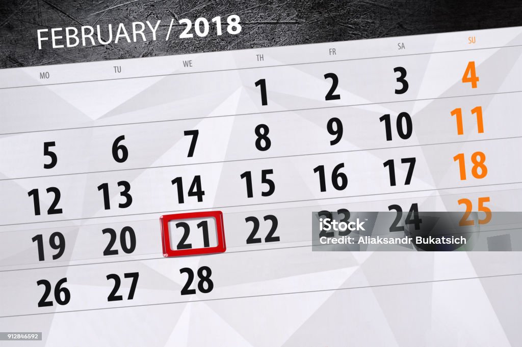 Paper calendar date 21 month February 2018 2018 stock illustration