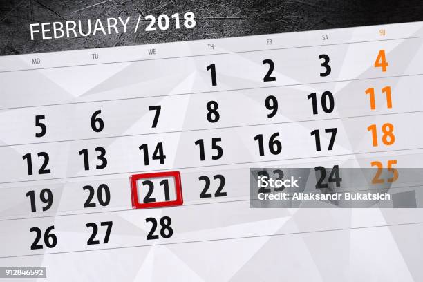 Paper Calendar Date 21 Month February 2018 Stock Illustration - Download Image Now - 2018, Belarus, Black Color