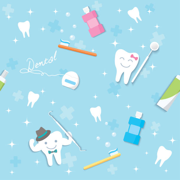 dental pattern Illustration vector of Dental template decorated with teeth shape, toothpaste, toothbrush, floss, tool and mouthwashes on blue background design for seamless pattern. cute cartoon dental implants stock illustrations