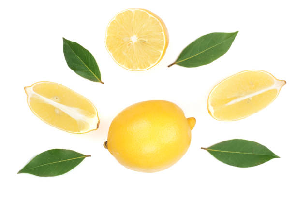 istock lemon and slices with leaf isolated on white background. Flat lay, top view 912849342