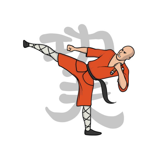 illustrazioni stock, clip art, cartoni animati e icone di tendenza di monaco shaolin che pratica il kung fu. arti marziali. illustrazione vettoriale, isolata su bianco. - shaolin warrior monk