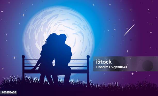 Couple Hugs On A Bench On Background Of Full Moon And Falling Star Stock Illustration - Download Image Now