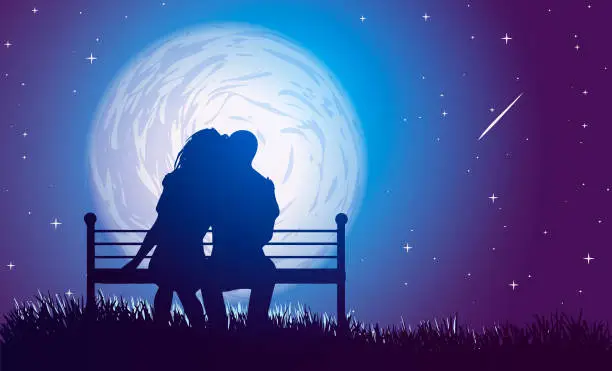 Vector illustration of Couple hugs on a bench on background of full moon and  falling star.