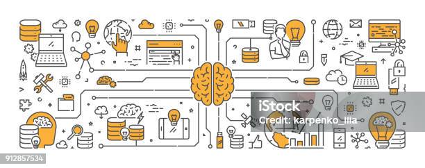 Vector Line Web Banner For Artificial Intelligence Stock Illustration - Download Image Now - Learning, Illustration, Robot