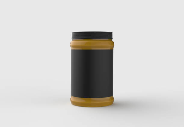 istock Mustard jar mock up with black label isolated on soft gray background. 3D illustrating. 912858576