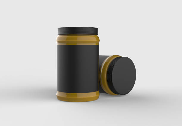 istock Mustard jar mock up with black label isolated on soft gray background. 3D illustrating. 912858734