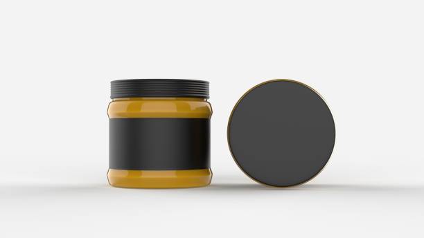 istock Mustard jar mock up with black label isolated on soft gray background. Small size. 3D illustrating. 912858912