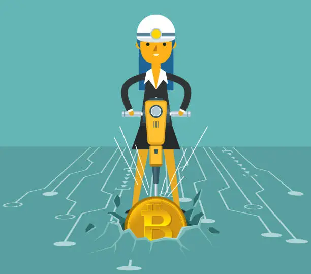 Vector illustration of Mining Bitcoins - Businesswoman