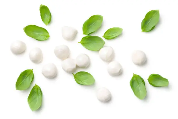 Basil and mozzarella isolated on white background. Top view